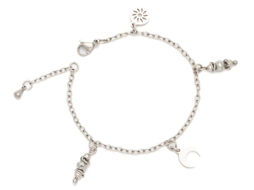 Bransoletka stal chirurgiczna hematyt srebrny zawieszki półksiężyc słoneczko