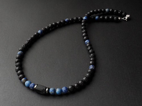 Naszyjnik męski lawa turmalin lapis lazuli krótki czarny
