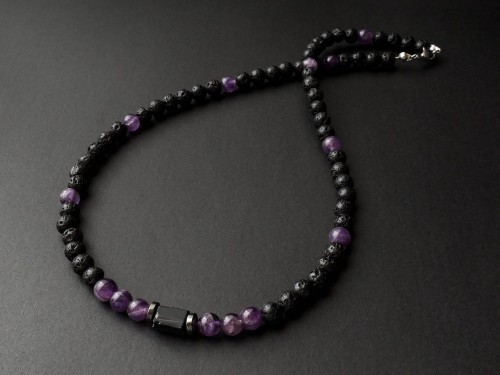 Naszyjnik męski lawa turmalin ametyst krótki czarny