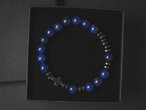 Bransoletka męska różaniec z kamieni lapis lazuli krzyż niebieska
