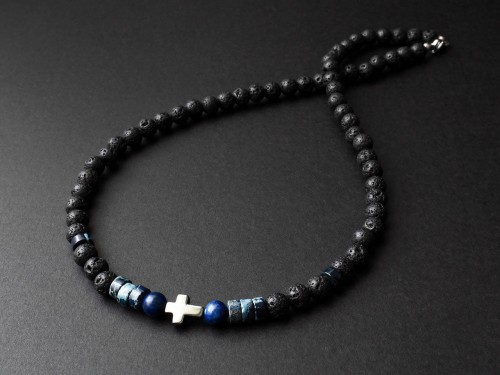 Naszyjnik męski lawa wulkaniczna lapis lazuli jaspis krzyż czarny