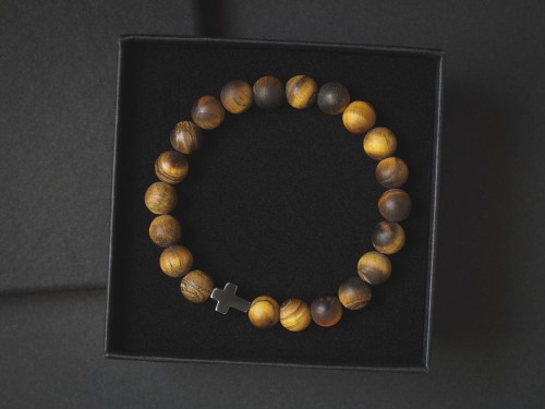 Bransoletka męska tygrysie oko hematyt krzyż brązowa