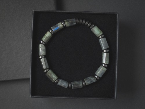 Bransoletka męska z kamieni labradoryt hematyt szara