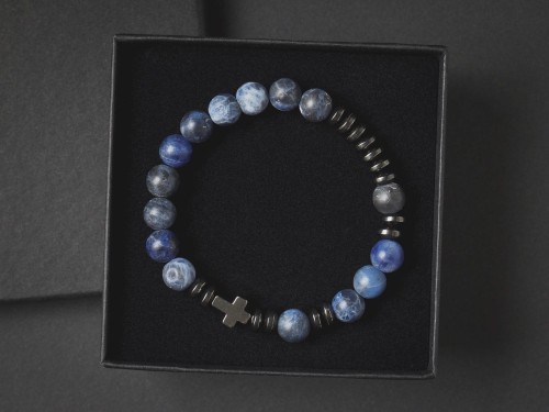 Bransoletka męska różaniec z kamieni sodalit hematyt