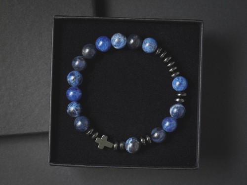 Bransoletka męska różaniec z kamieni sodalit hematyt krzyż