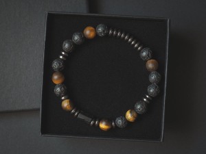 Bransoletka męska z kamieni lawa tygrysie oko turmalin czarna lat02