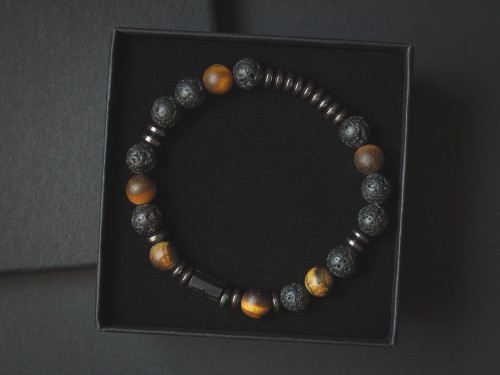 Bransoletka męska z kamieni lawa tygrysie oko turmalin czarna