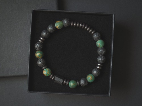 Bransoletka męska z kamieni lawa agat turmalin czarna