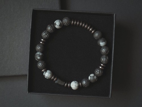 Bransoletka męska z kamieni lawa obsydian turmalin czarna