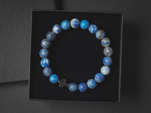 Bransoletka męska z kamieni lapis lazuli hematyt krzyż  niebieska