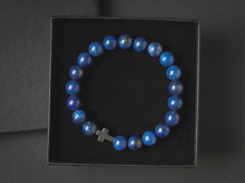 Bransoletka męska z kamieni lapis lazuli hematyt krzyż niebieska