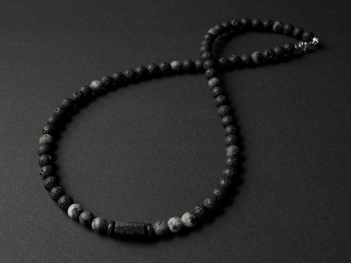 Naszyjnik męski lawa turmalin larvikit krótki czarny