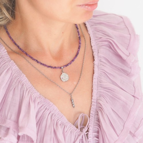 Naszyjnik damski choker delikatny ametyst stal zawieszka