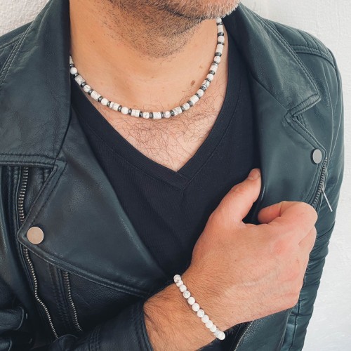 Naszyjnik męski biały howlit hematyt