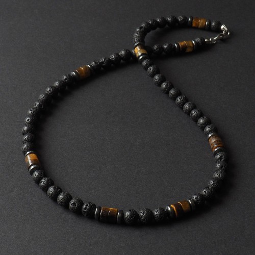 Naszyjnik męski lawa tygrysie oko krótki czarny