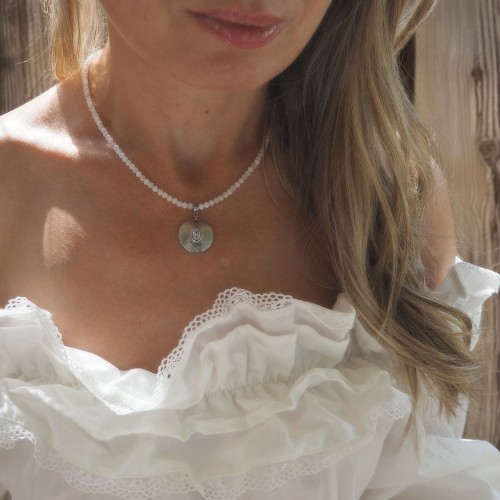Naszyjnik damski choker delikatny kamień księżycowy zawieszka stal