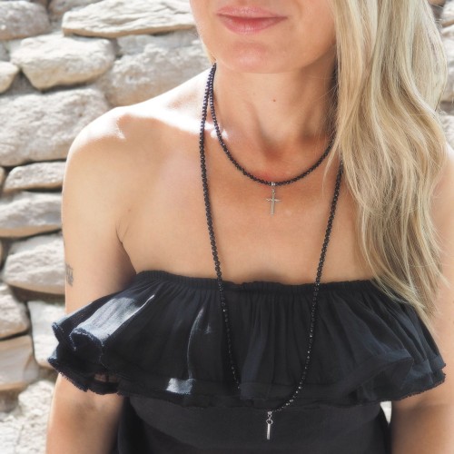 Naszyjnik damski choker drobny turmalin czarny krzyżyk stal