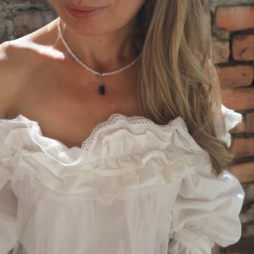Naszyjnik damski choker z ametystem i kamieniem księżycowym w stali chirurgicznej
