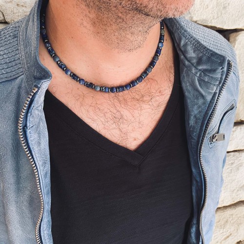 Naszyjnik męski lapis lazuli jaspis krótki niebieski
