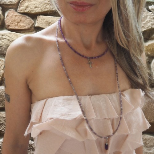 Naszyjnik damski choker delikatny ametyst krzyżyk stal