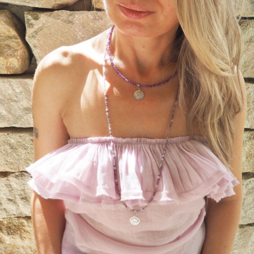 Naszyjnik damski choker delikatny ametyst stal zawieszka