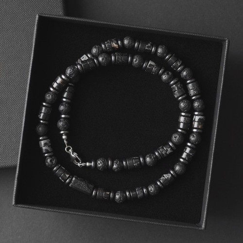 Naszyjnik męski lawa turmalin jaspis krótki czarny