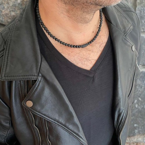 Naszyjnik dla Niego lawa turmalin onyks krótki czarny urodziny prezent