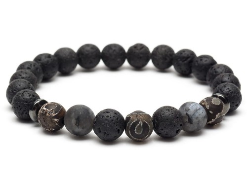 Bransoletka męska z kamieni lawa agat larvikit czarna