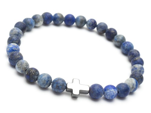 Bransoletka męska z kamieni lapis lazuli niebieska hematyt krzyż