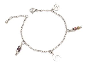 Bransoletka stal chirurgiczna ametyst turmalin zawieszki półksiężyc słoneczko 18