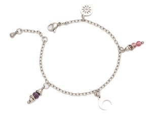 Bransoletka stal chirurgiczna ametyst różowy turmalin zawieszki półksiężyc słoneczko 19