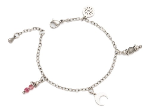 Bransoletka stal chirurgiczna labradoryt turmalin zawieszki półksiężyc słoneczko