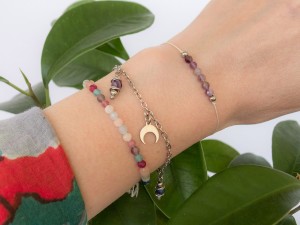 Bransoletka stal chirurgiczna ametyst kyanit zawieszki półksiężyc słoneczko 15